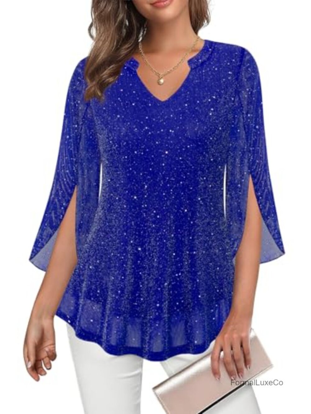 Women's Sequin V-Neck Tunic Top 3/4 Ruffle Sleeve Sparkly Blouse